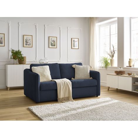 BOBOCHIC - Canapé droit convertible LENNY ouverture express 2 plis tissu lisse Bleu foncé (1/5)