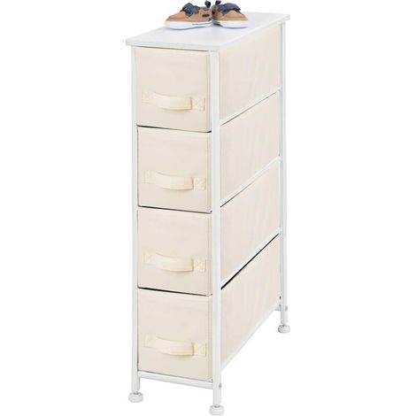 Kommode mit 4 Schubladen – Vertikale Kommode aus MDF-Holzplatten für Schlafzimmer, Wohnzimmer oder Flur – Kleiderschrank aus Metall und Stoff – Creme/Weiß (1/4)