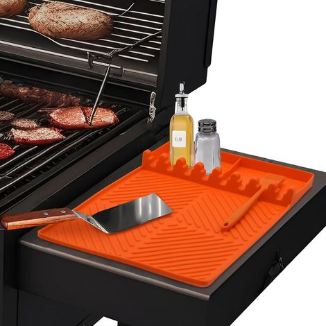 Grillmatte für Gasgrills mit Seitenablagen, Silikon-Spatelmatte, Grillbesteckhalter für Küche, Herd & Grill, Arbeitsplatte, Orange (1/5)