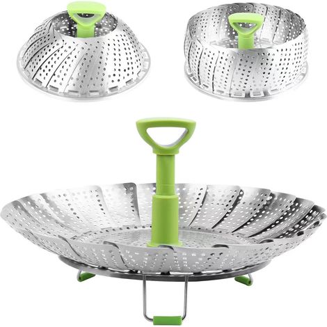 Panier Vapeur Inox, 11'' Cuit Vapeur Inoxydable pour Autocuiseur avec Manche Télescopique, Panier pour Cuire à la Vapeur, Fleur Marguerite Cuisson Vapeur, Pliable Vegetable Steamer Accessoire