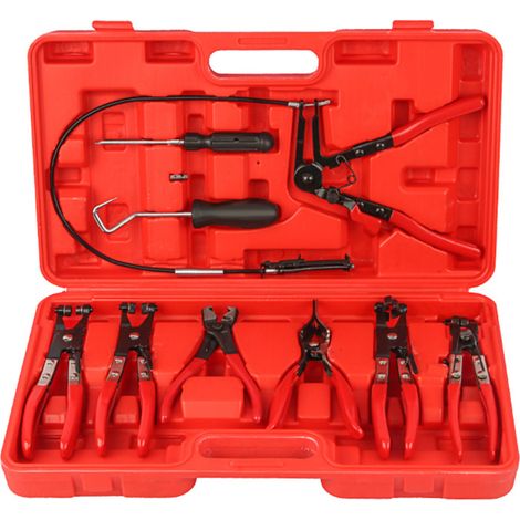 Kit de 9 pinces flexibles à long bras pour colliers de serrage de tuyaux automobiles : pinces de séparation pour carburant, huile et eau, pinces à collier Clic-R pivotantes et coudées pour la réparati (1/5)