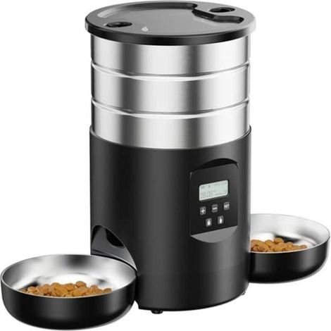 Distributeur automatique de nourriture pour chat, 2 bols en acier inoxydable, minuterie, portion réglable, 4,5 litres, double alimentation