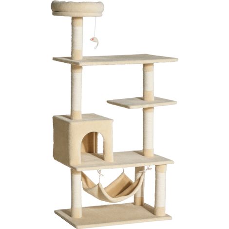 Arbre à chat beige géant 70x40x152 cm avec plusieurs plateformes, hamac et poteaux, accessoire design sobre pour intérieur pratique et spacieux