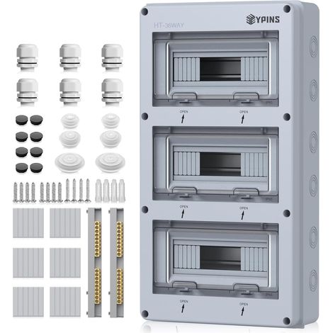 Coffret de distribution Étanche IP65 Intérieur/Extérieur 36 Modules Boîtier de Protection (510x275x110mm) avec Porte Transparente,6 Plaques de Décoration Incluses et Pré-perçage (1/5)