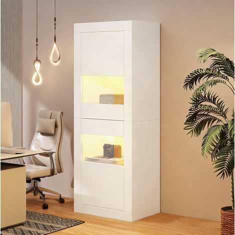 Vitrine 61x42x162 cm en panneaux de bois blanc, LED, gain de place pour salon FloraGrace (1/5)