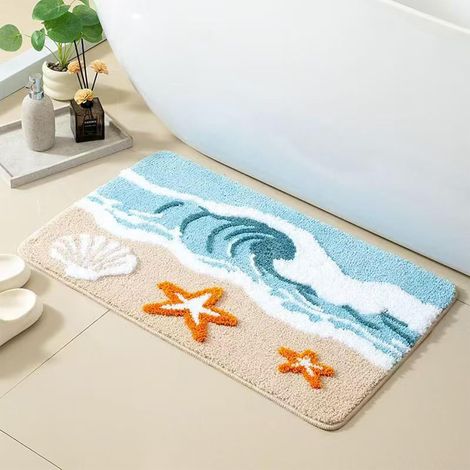 Vague Étoile De Mer Tapis De Bain Antidérapant Lavable Microfibre Tufté, Tapis Absorbant Tapis De Salle De Bain Séchant Rapidement Paillasson D'entrée 40x6 (1/5)