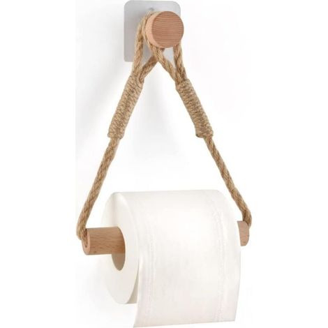 Support adhésif pour rouleau de papier toilette, porte-papier de salle de bain, support de rouleau de serviette, anneau de serviette rustique en corde de bois (1/4)