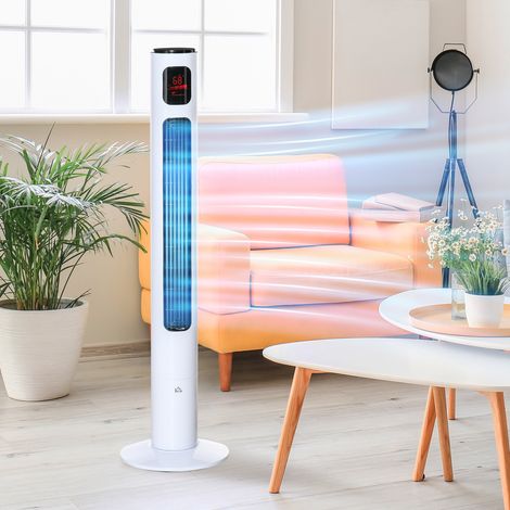 Ventilateur colonne oscillation 70° minuterie 12h panneau capteur LED 45W télécommande 2 modes contrôle, blanc