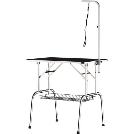 Table de toilettage pour chiens, table de toilettage pliable avec bras réglable en hauteur, sangles, panier en filet, supportant jusqu'à 150 kg, 90 x 60 x 75 cm, noire