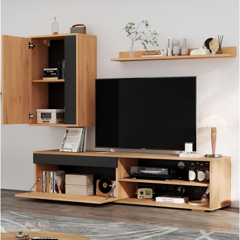 Mobile TV 3 pezzi 140 x 35 x 39 cm, da terra o a parete, legno e nero DESVIAE (1/5)