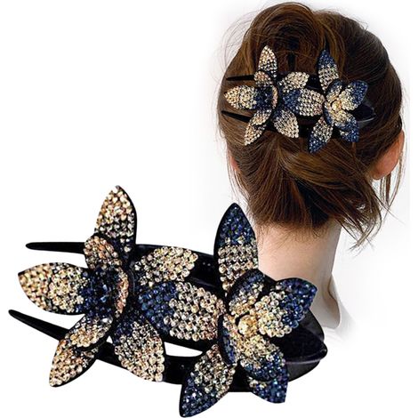 Pince cheveux canard strass bleu foncé champagne, barrette double fleur scintillante pour femmes filles