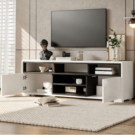 MEUBLIV Mobile TV 150 x 35 x 50 cm bianco e nero – LED, vani contenitore, soggiorno piccolo (1/5)