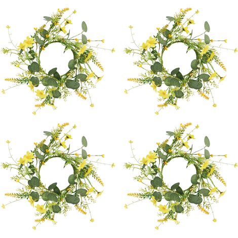 (4er-Set) 4 gelbe Gänseblümchen-Eukalyptus-Kerzenringe für Tischdekorationen bei Frühlings-/Sommerhochzeiten (1/2)