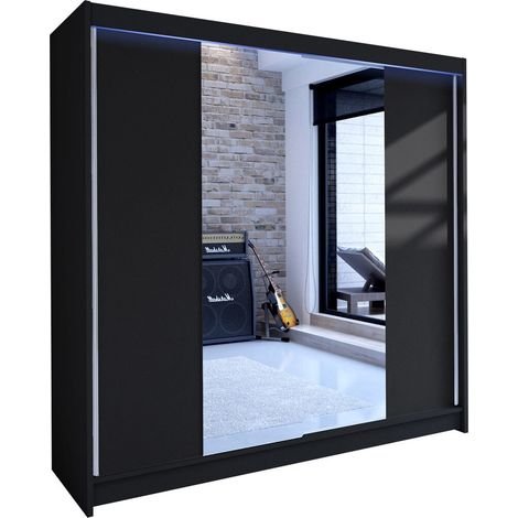 Armario Closico 138, Negro, 215x180x58cm, Puertas de armario: Correderas, Número de estantes: 5, LED