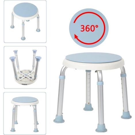 Tabouret de Douche, Tabouret de Bain Pivotant à 360°, Réglable en Hauteur sur 6 Niveaux, pour Les Personnes Handicapées, Agées et Invalides, Pieds Antidérapants, Blanc (1/4)