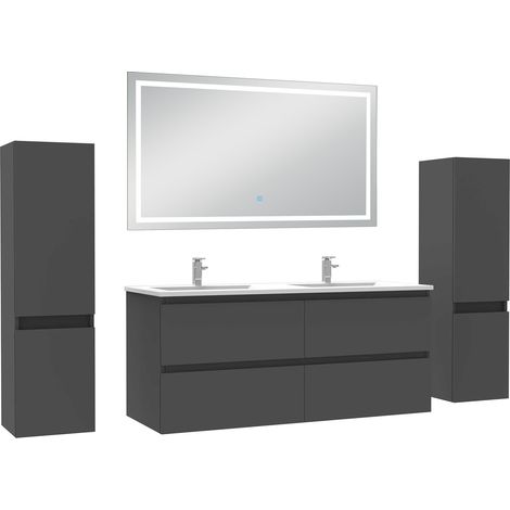 Aica Ensemble meubles Salle de Bain 120cm avec Colonne + Miroir Lumineux +3 Couleurs, Anthracite