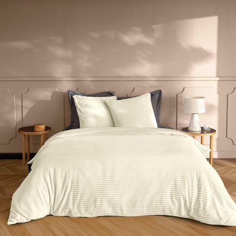 Parure lit flanelle - Housse couette chaude - Oeko tex - 3 pieces - Lit double - 240x220cm - Blanc Naturel (1/4)