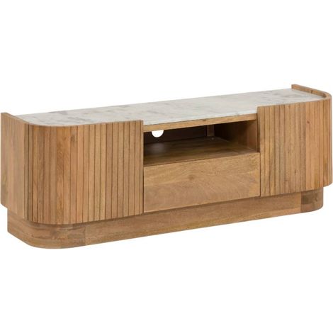 Made In Meubles – Meuble TV en manguier massif avec plateau en marbre blanc – Façades rainurées – Design incurvé – Rangements pratiques – Dimensions 50x146x43cm (1/5)