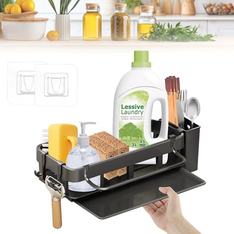 Étagère de rangement de cuisine - Étagère suspendue (lot de 1) - Panier de rangement sans perçage pour évier, crochets adhésifs, porte-baguettes, égouttoir noir (1/5)