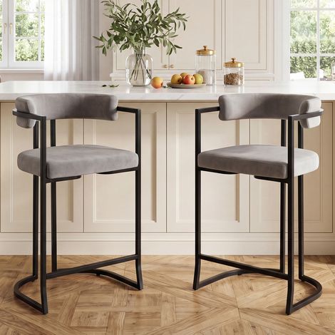Wahson Lot de 2 tabourets de bar avec accoudoirs et dossier – Velours gris – Structure en métal noir – Confort optimal pour bar et cuisine, Gris