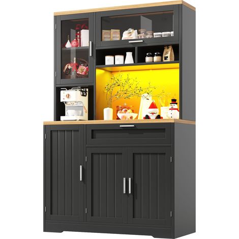 Armoire de cuisine avec LED 104x40x180 cm, vitrine salon noire et blanche, buffet haut en MDF avec portes en verre (1/5)