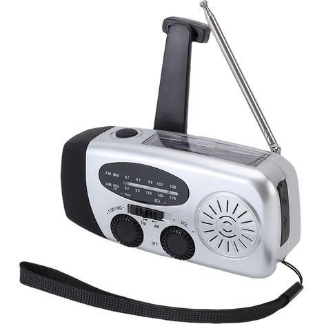 Radio d'urgence portable solaire micro USB à manivelle AM/FM NOAA avec 3 lampes LED et batterie externe pour l'extérieur (argenté) (1/5)