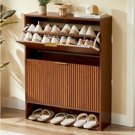 Zapatero 80 x 24 x 102 cm con estantes ajustables, efecto nogal, HAVRYA (1/5)
