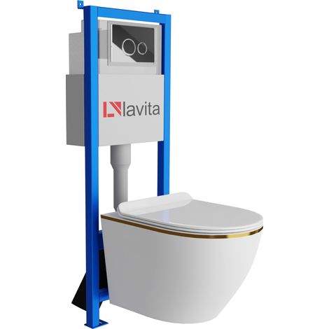 Bâti-support Lavita LAV 101 à 40 cm + WC Sofi Slim Gold Line sans bord + plaque de commande LAV 200.4.2 chrome Kit complet WC (1/5)