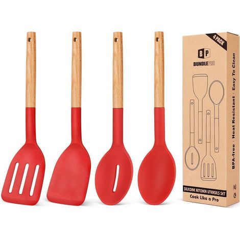 Silikon Kochutensilien Set 4-teilig, Rot, Hitzebeständig, Antihaft, Holzgriff
