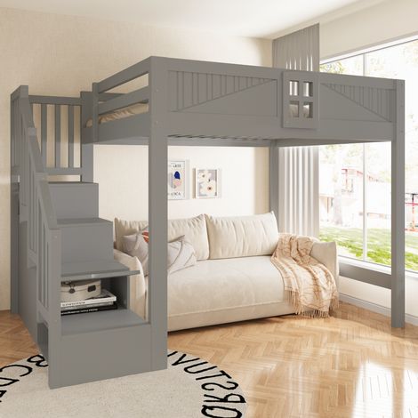 Cama alta 140x200 cm gris de madera con escalera de almacenaje y barandilla (1/5)