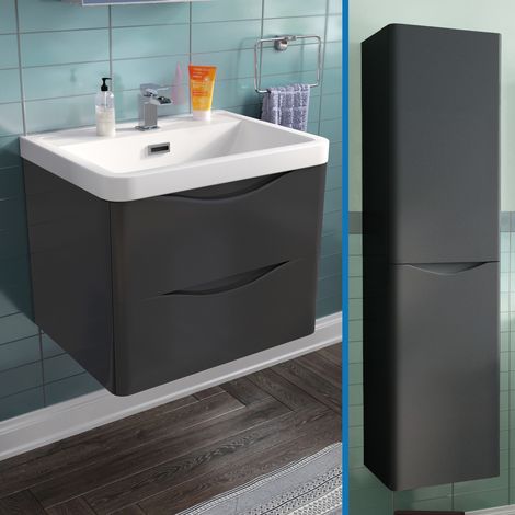 Merton 600mm Wall Hung Vanity Basin Unit & Tall Storage Unit Grey (1/5)