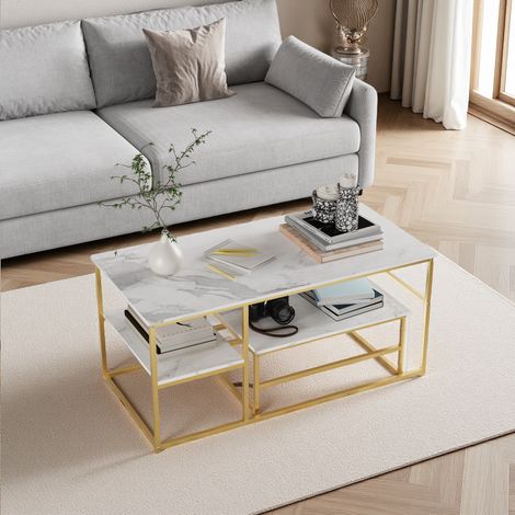 Table Basse, Style Scandinave, Table de Salon, Buffet Bas, avec Compartiment Ouvert, Cadre en Acier, 105 x 52 x 48 cm, Doré (1/5)