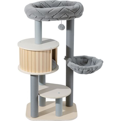 Fudajo Urban Studio Albero tiragraffi grigio da 122 cm, albero per gatti con casetta, amaca per gatti, cuccia e tronchi tiragraffi in corda di carta (1/5)