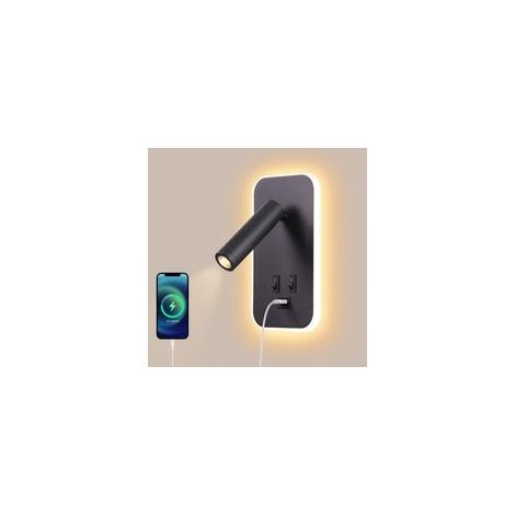 Applique murale LED, liseuse de chevet avec interrupteur, port de charge USB, éclairage d'ambiance de chambre à coucher Spot réglable (3W 3000K + 9W 6000K) Noir [Classe énergétique F]