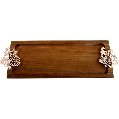 Plateau Rectangulaire en Bois de Service et Décoration Motif Corail Or Rose 42 x 13 x 3 cm - PANGIVO (1/4)