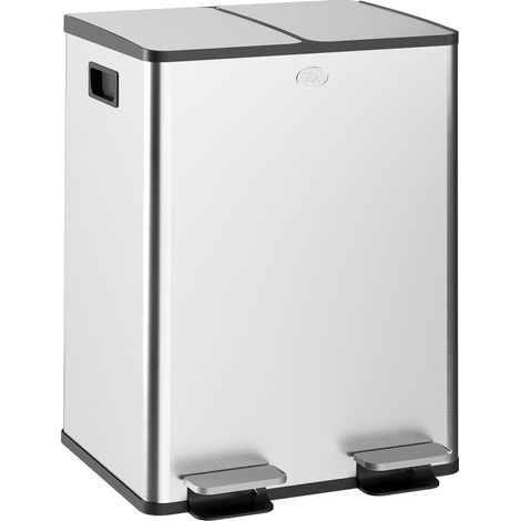 Boîte de cuisine en acier, 2 compartiments, en acier inoxydable, argenté, pour cuisine et couloir, couvercles doux à fermeture souple 2 x 20L et seau