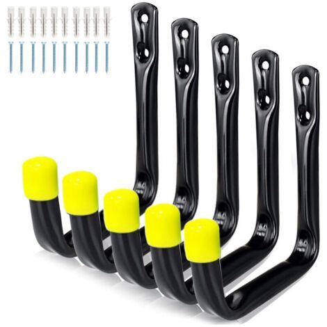 5 Pieces Garage Wall Hooks, Heavy Duty Screw-In J Hook, Wall Mount Brackets for Power Tools, Hose, Garden, Folding Chair, Yellow (1/5)