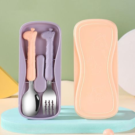un Ensemble De Cuillre + Fourchette + Bote (mante Violet) Vaisselle Pour Enfants Baguettes D'apprentissage Apprendre  Manger Cuillre Fourchette Ba (1/5)