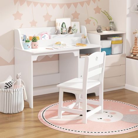 Ensemble bureau chaise enfant en bois, étagère et armoire rangement, pour chambre et salle d’étude (1/5)