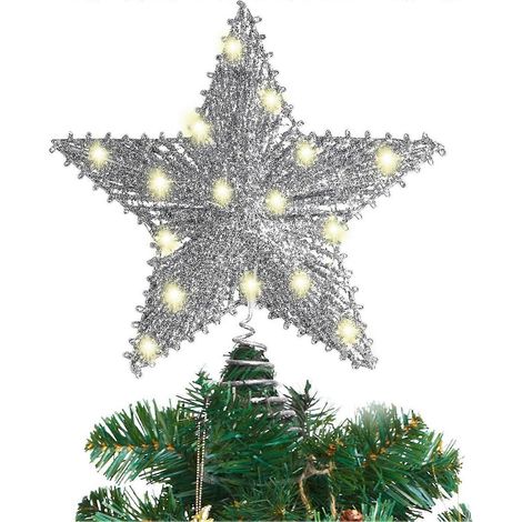 Décoration de sapin de Noël de 25 cm avec 20 lumières LED. Décorations de sapin de Noël en métal argenté pailleté. (1/5)