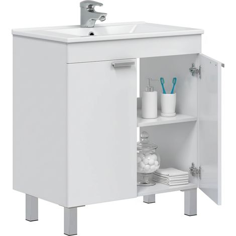 Unterbeckenschrank Cariati, 2 Türen, Flügeltür, Aluminiumfüße, 70x45x80 cm, Hochglanz Weiß