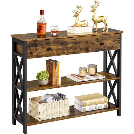 Table Console à 3 Niveaux Table d’entrée en Bois avec 1 Grand Tiroir et 2 Étagères Bout de Canapé Polyvalente Table Console de Salon Cuisine Chambre Couloir Brun Rustique (1/5)