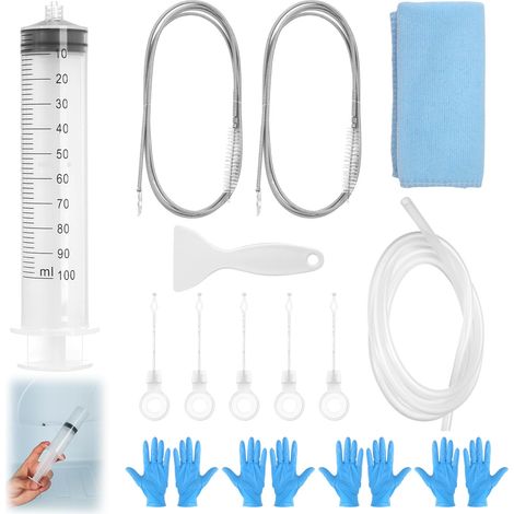 16 Kit de Nettoyage Réfrigérateur, 7-en-1 avec Brosse à Ressort Inox + Seringue 100ml + Tuyau Silicone + Pelle de Dégivrage + Gants Nitrile Alimentaire + 5 Bouchons de Trou + Handtuch (1/5)
