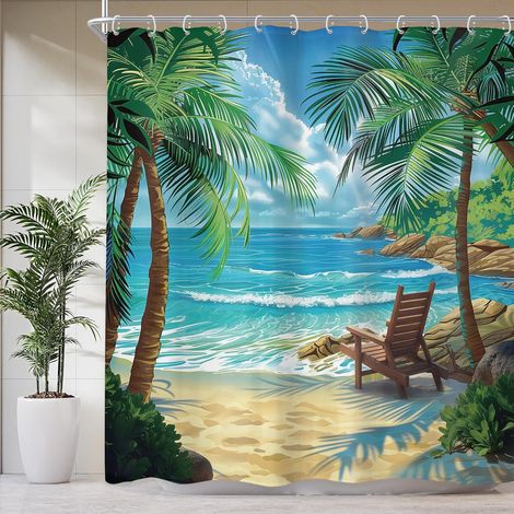 Rideau de douche océan 152x183 cm Plage Motif tropical Arbre de palmier hawaïen Été Côte Scénique nautique Vague de mer Plante Décoration de salle de bain Accessoires pour la maison Rideau de (1/5)