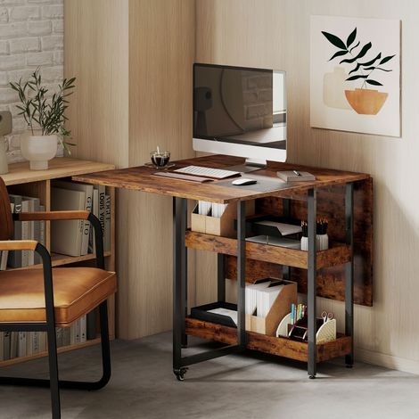 REDOM Table pliante 133.4x80x75 cm pour 2 à 4 personnes avec 2 étagères ouvertes bois Marron (1/5)
