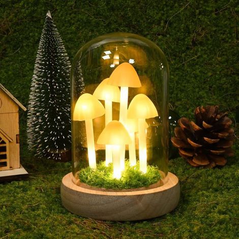 Pilzlampe, Pilzgeschenke für Frauen, Pilz mit LED-Licht unter Glasglocke, Nachtlicht Pilz.