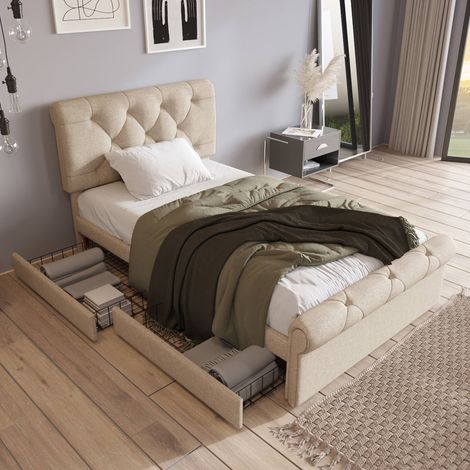Lit rembourré 90x200 cm naturel en lin, tête de lit Chesterfield réglable, 2 tiroirs modulables, sommier à lattes inclus, sans matelas (1/5)