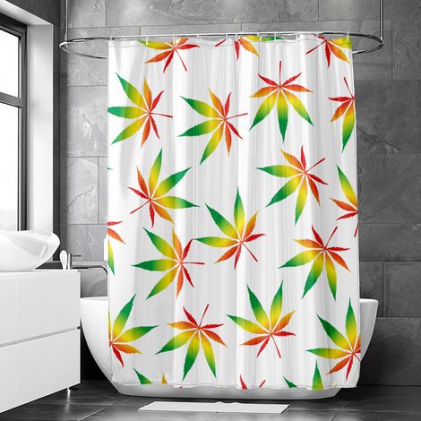 Rideau de douche motif feuilles de chanvre et décor tropical, rideau salle de bain imperméable, 150x180 cm (1/5)