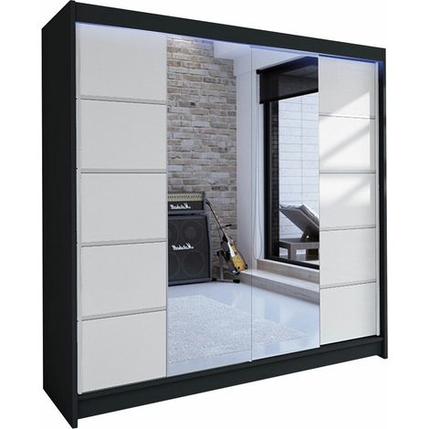 Mirjan24 – Armoire coulissante 215x180x58cm – Noir et blanc – 5 étagères – Éclairage LED – Poignées en métal – Fabriquée en Union européenne (1/4)