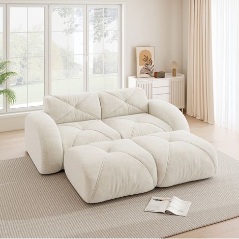 Canapé 2 places modulare in chenille bianco con 2 pouf, senza telaio, componibile, senza montaggio (1/5)